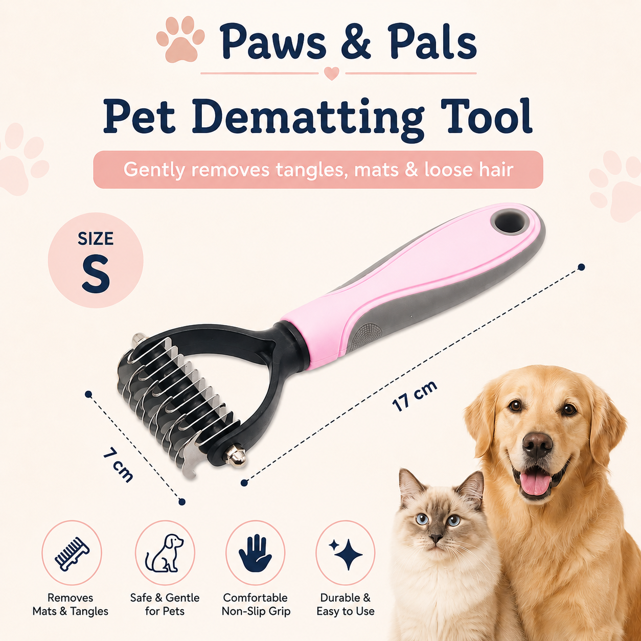 Professional Pet Grooming Brush for Dogs & Cats – Hair Removal & De-Shedding Comb - Paws and Pals
