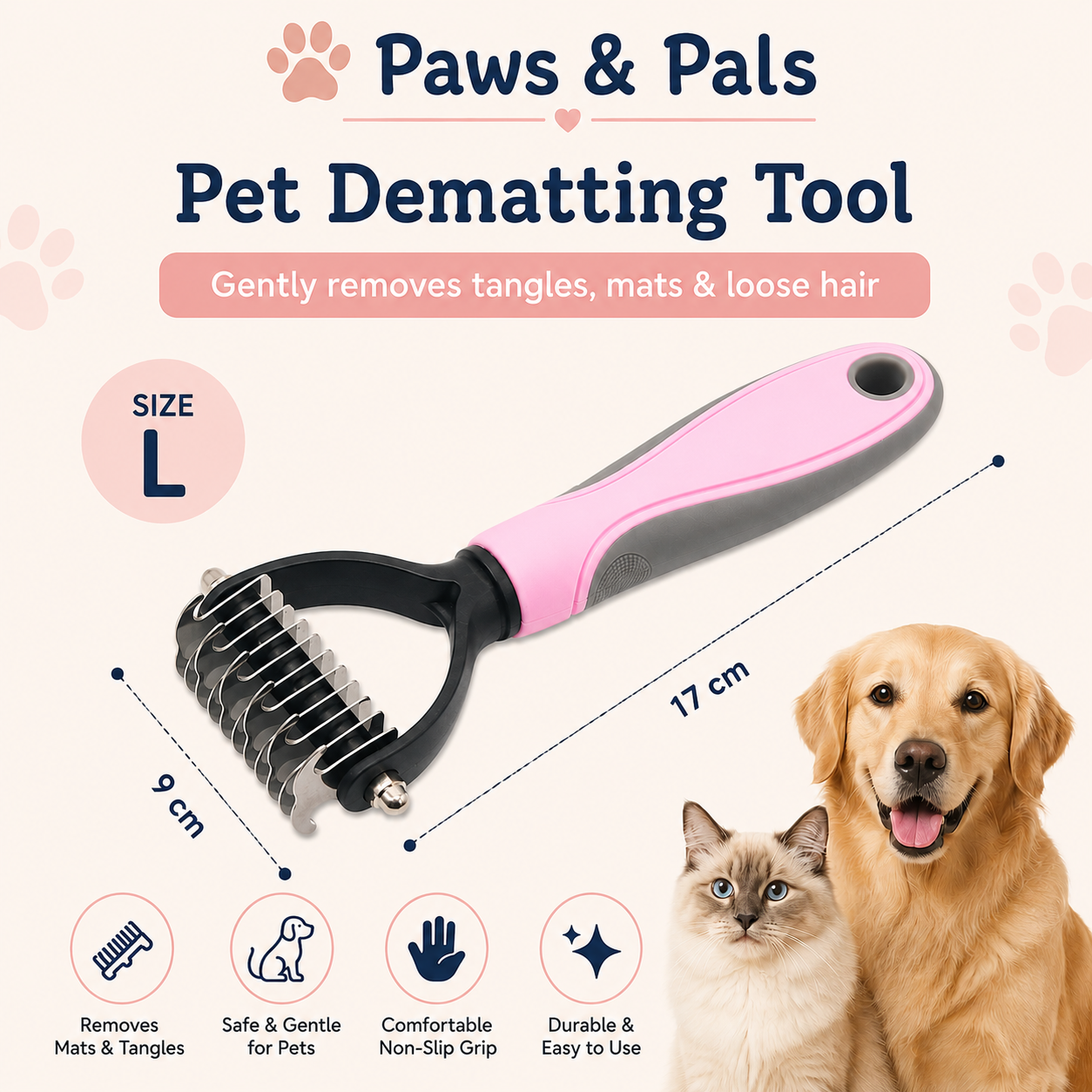 Professional Pet Grooming Brush for Dogs & Cats – Hair Removal & De-Shedding Comb - Paws and Pals