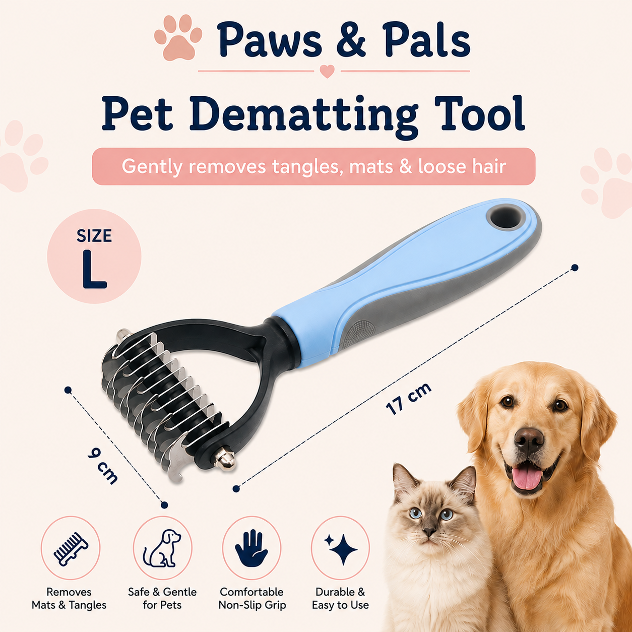 Professional Pet Grooming Brush for Dogs & Cats – Hair Removal & De-Shedding Comb - Paws and Pals