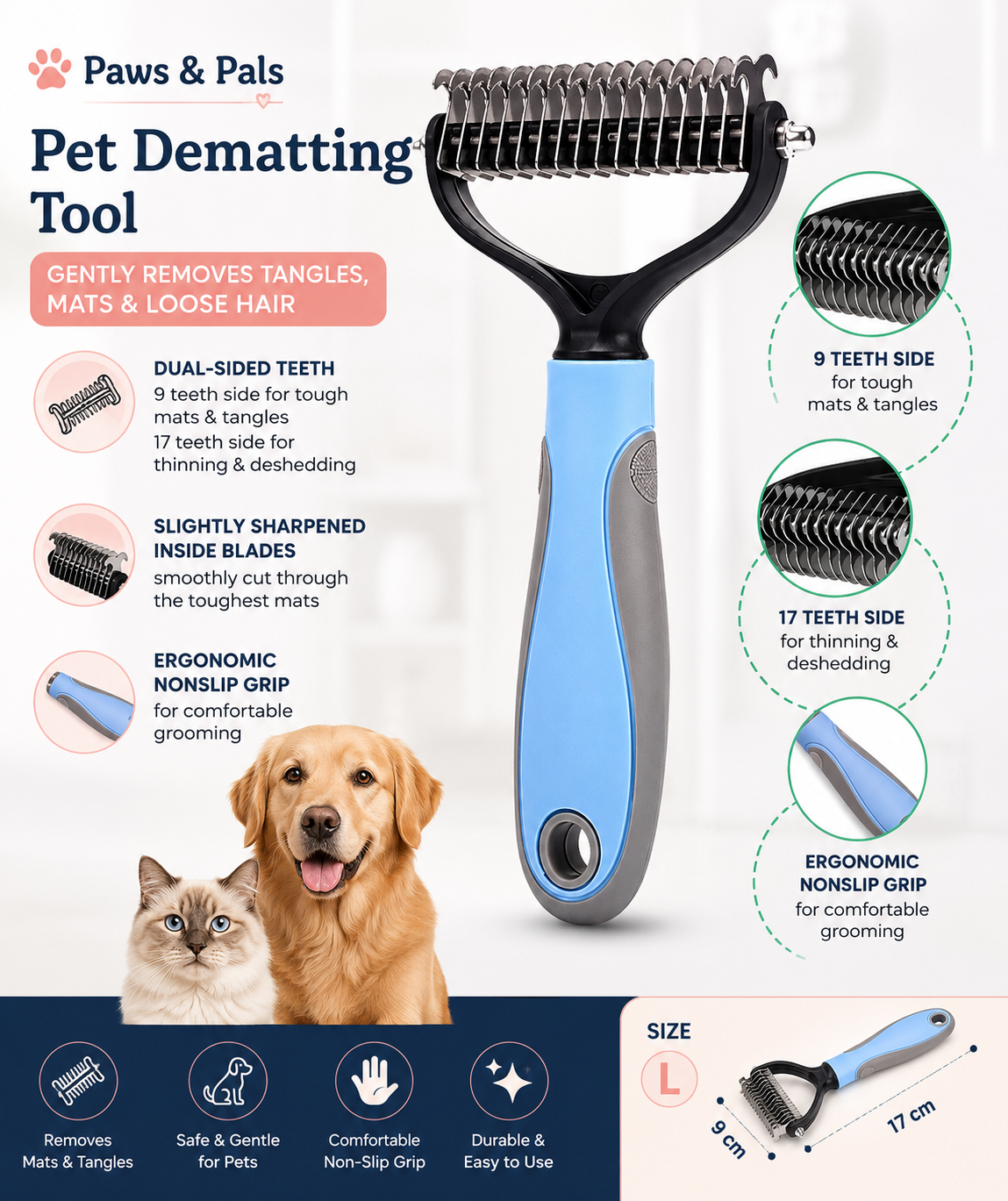 Professional Pet Grooming Brush for Dogs & Cats – Hair Removal & De-Shedding Comb - Paws and Pals